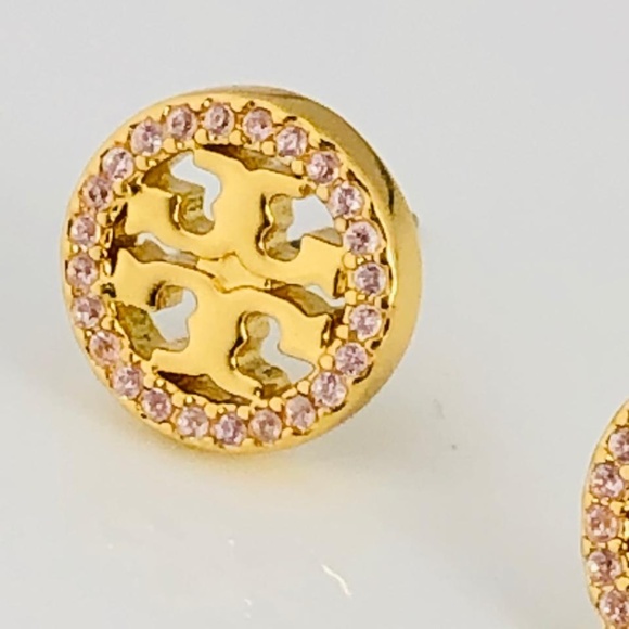 NEW Tory Burch Rose Pavè Crystal Circle Logo Stud Earrings - Picture 3 of 6